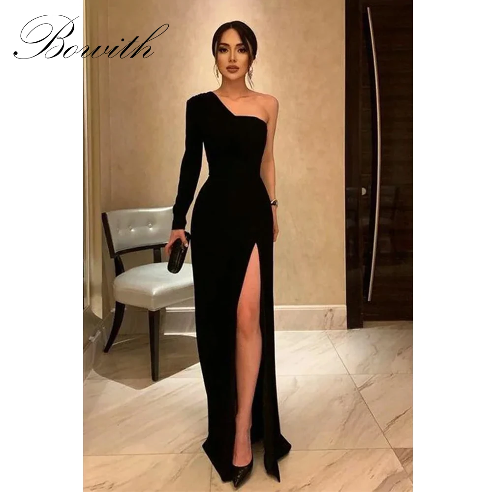 

Bowith Elegant Black Evening Dresses One-Shoulder Long Sleeves High Slit Prom Dresses 2025 Customized Party Dresses Women