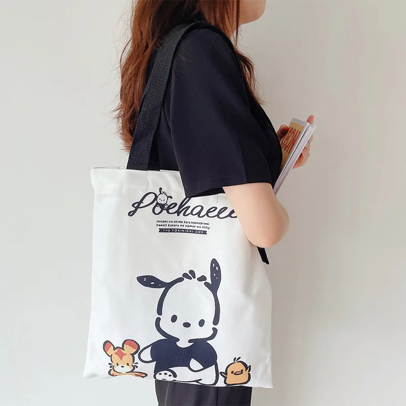 Bolso de hombro de Anime Sanrio Pochacco, bolsa de lona Kawaii de alta capacidad, bonito patrón, belleza, estudiante, almacenamiento, viaje,