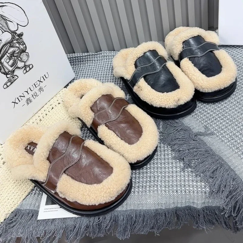 2025 Winter Casual Fashion Women\'s Shoes Lamb Velvet Thick-soled Baotou Slippers Women\'s Flat-soled Warm Mules Zapatos De Mujer