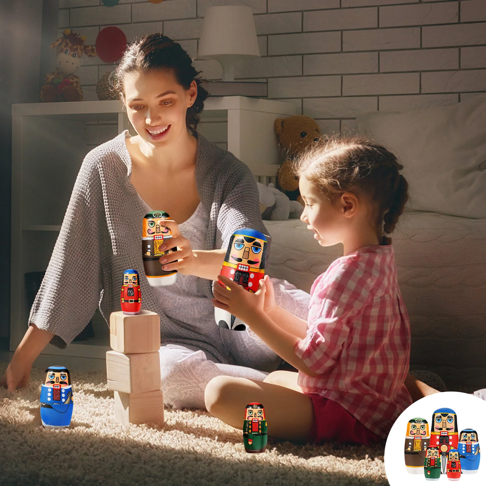 1세트 프리미엄 우드 마트료시카 5층 수제 넛크래커 네스팅 세트 생생한 색상 독특한 러시아 스타일 어린이 생일 선물