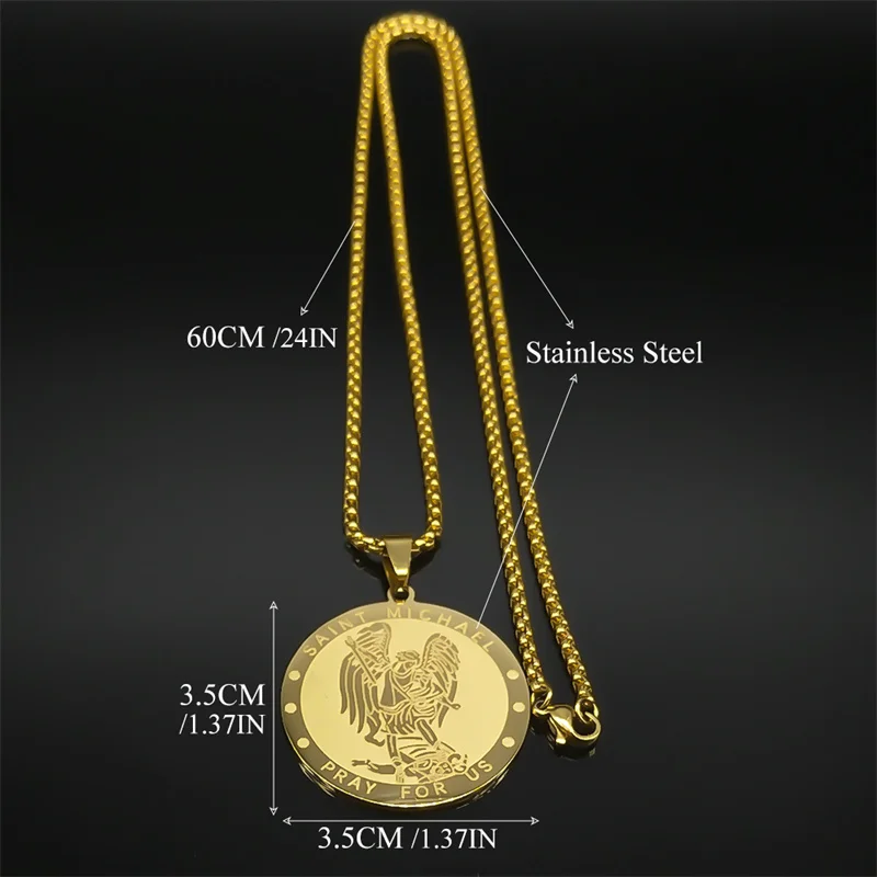 SAINT MICHAEL PRAY FOR US Archangel Stainless Steel Pendant Necklaces Chain Men Women Gold Color Choker Necklace Amulet Jewelry image 6
