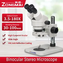 7X-180X Continuous Zoom Industrial LAB Binocular Stereo Microscope  with WF10X  WF20X Eyepiece For Phone PCB Soldering Repair