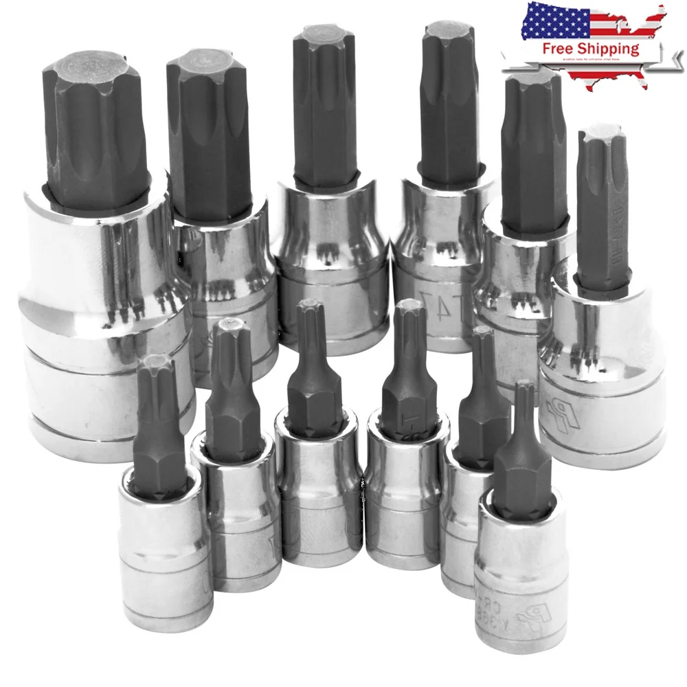 

12 шт., набор хромированных головок Torx, нержавеющие внутренние звездочки T15 T60 1/4 3/8 1/2, инструменты для привода, механика