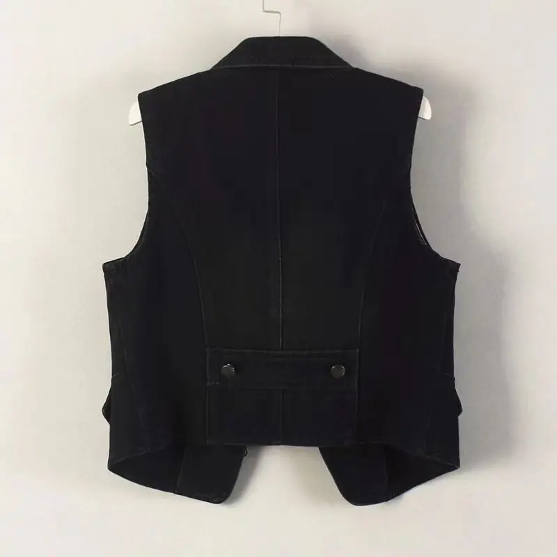 Black denim vest women's short and slim outer wear new early autumn sleeveless coat black suit collar zipper  vest for women