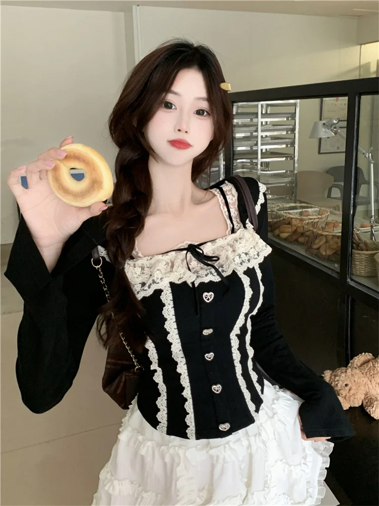 

Sweet Lace Ruffles Square Neck Bottom Shirt for Women Spring Autumn Slim Spicy Short Top M-3XL Inner Black Matching Tops
