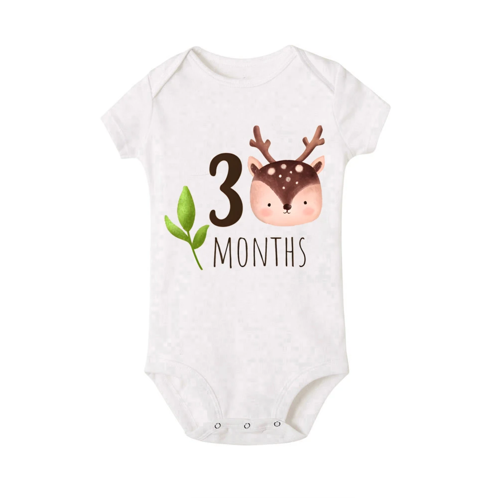 Cute Animal Printed Monthly Milestone Baby Romper 1-12 Month Newborn Bodysuit Photography Prop Outfit Clothes Infant Shower Gift