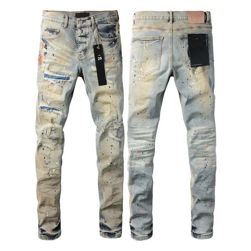 

Washed Do Old Scratch Patch Splash Graffiti Slim Fit Brand Casual Pants High Street Fashion Brand Jeans Men Women Same Style