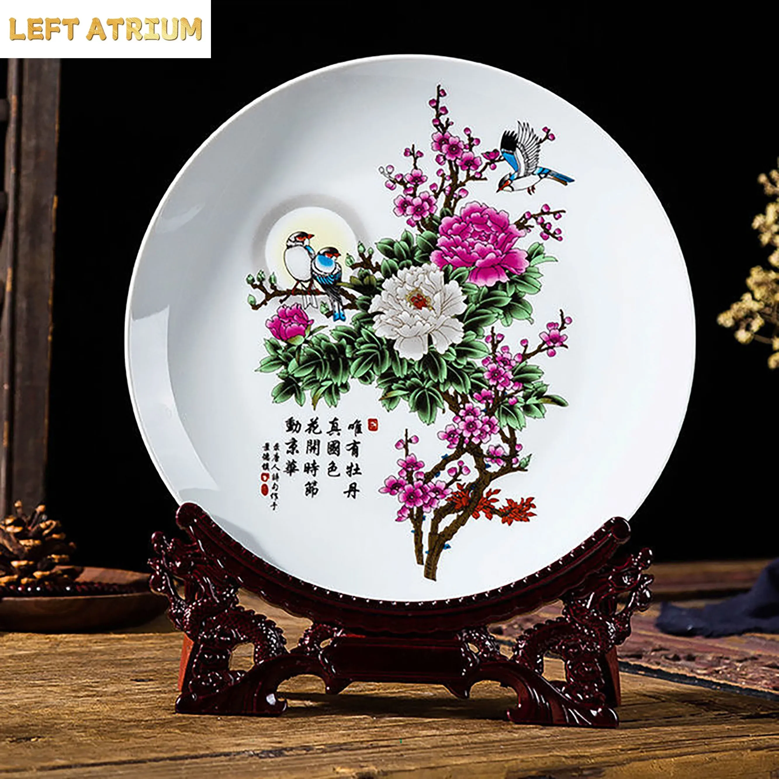 Chinese Jingdezhen Ceramic Plate+Base Set Decoration Items Home Living Room Furnishing Ornaments Office Desk Accessories Crafts
