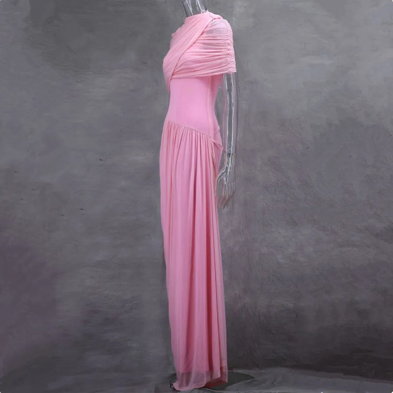 Elegante zomer onregelmatige sjaal ruches maxi-jurk dames slanke hoge taille lange jurk vrouwelijke avondclub feestjurken