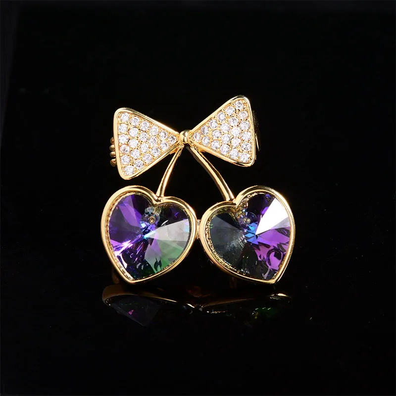 Cute Red Cherry Brooch Enamel Pins for Women Girls Rhinestone Zircon Fruit Badges Suit Bags Jewelry Kids Brooches Gifts