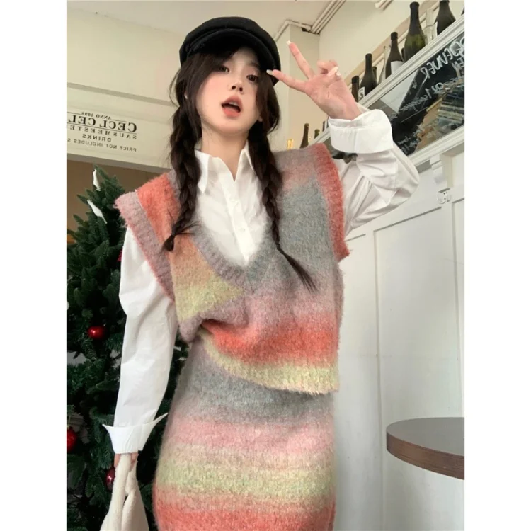 Korobov Rainbow Color Sleeveless Knitwear Vest Vintage Gentle Half Skirt Suit Temperament Sweet Two Piece Set Fall Outfits Women