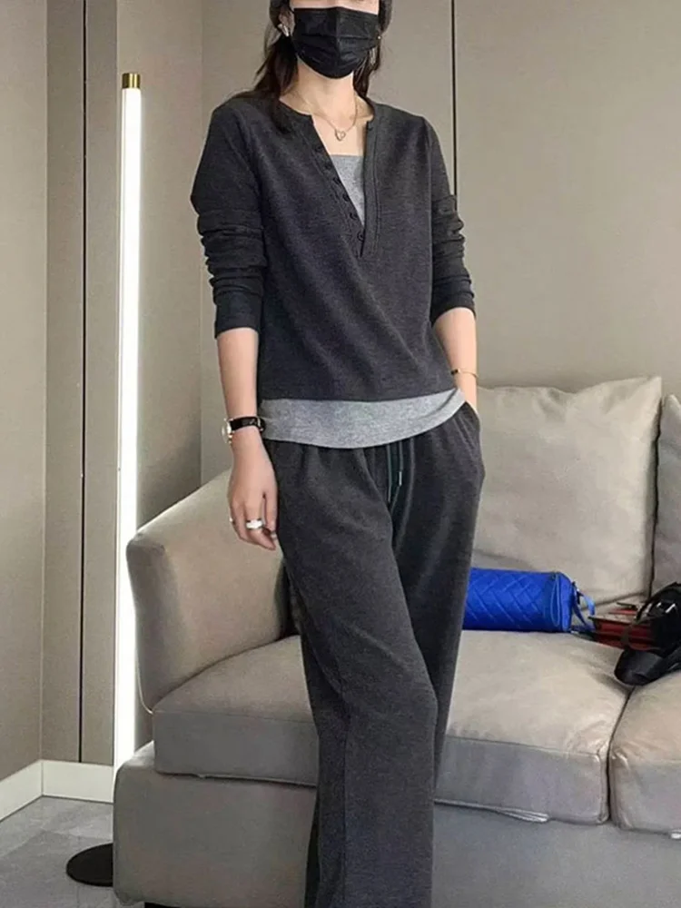 Ladies V-Neck Casual Loose Straight Leg Pants Two-Piece Set Autumn 2024 Fashion Slimming Effect Korean Style Ensemble