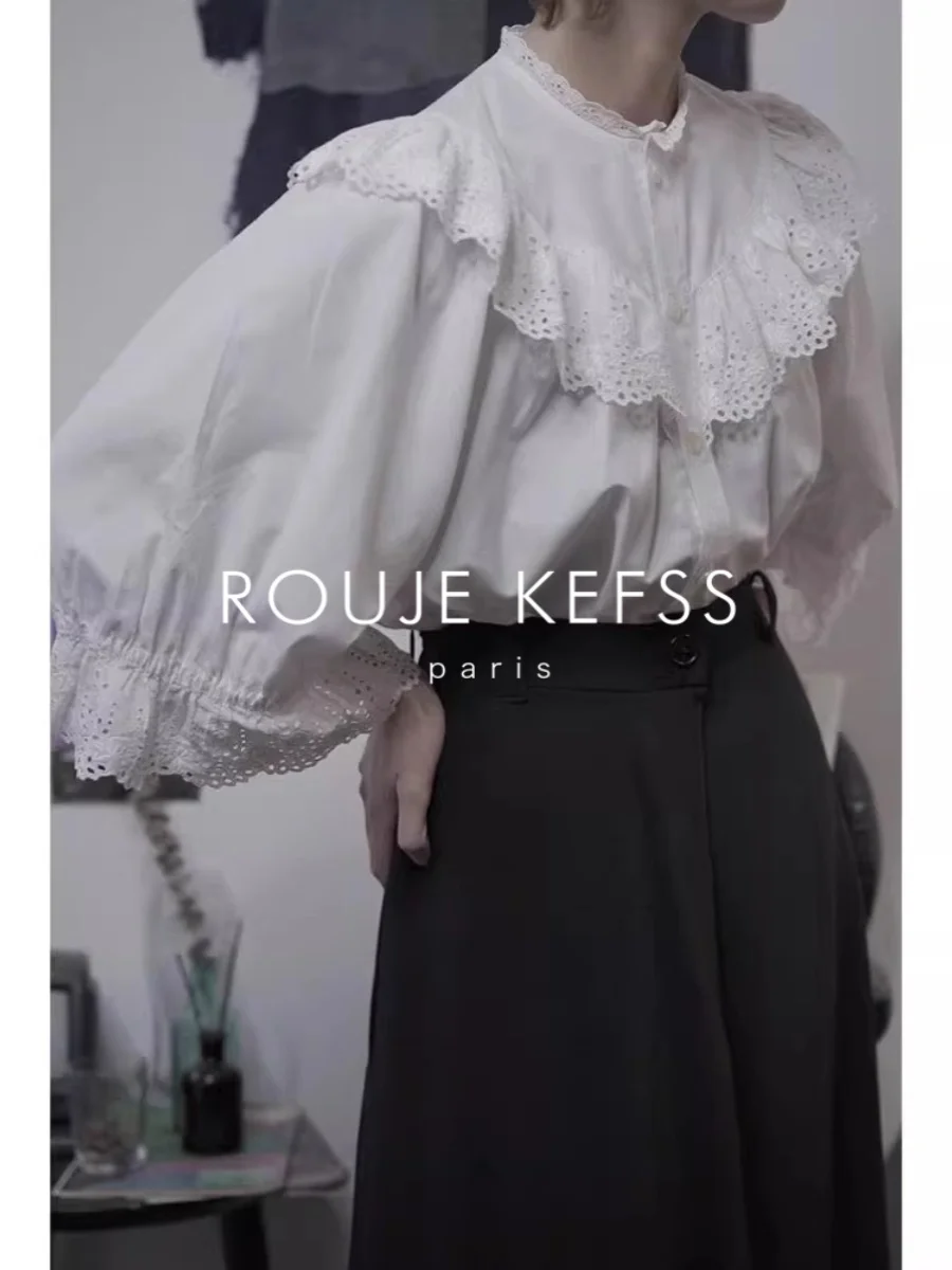 

Rouje Kefss Vintage Hollow out Splice Nine Sleeve Shirt Ladies Elegant Style Women's Shirt New 2024 Spring Ball Wear