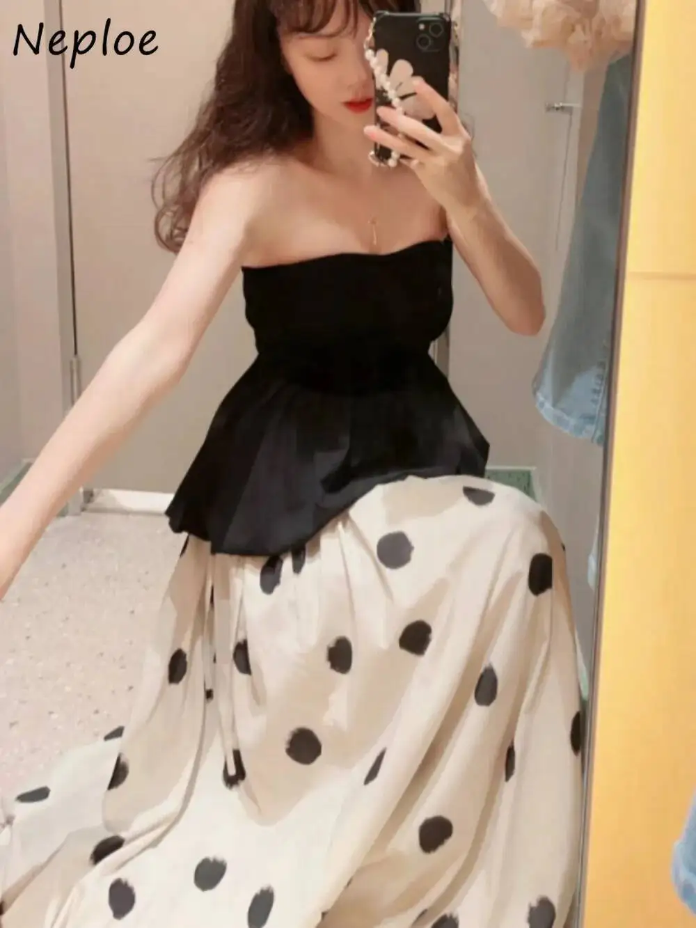 

Повседневная универсальная юбка трапециевидной формы с высокой талией в горошек на шнуровке, милая свежая юбка со рюшами, новинка Японии, средней длины Mujer Faldas