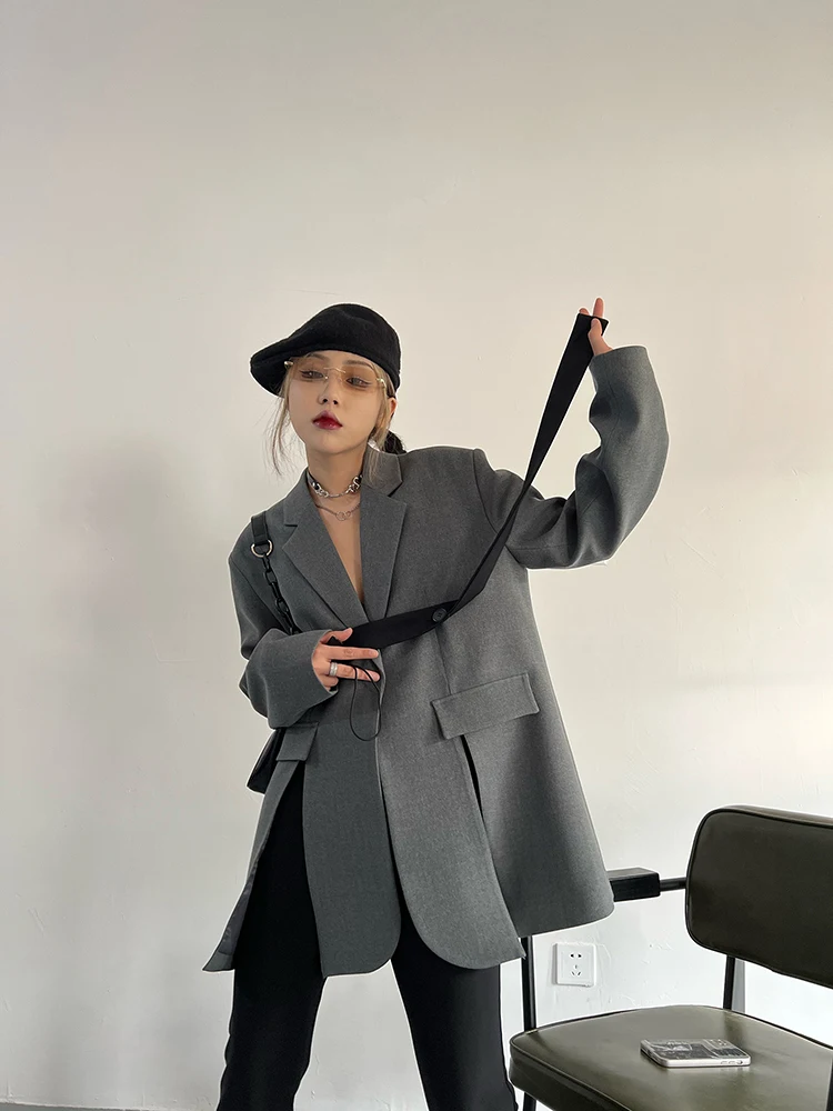 

Women Grey Gothic Blazer Elegant Vintage 90s Fashion Coat Y2k Suit Jacket Harajuku Long Sleeve Outwear 2000s Clothes