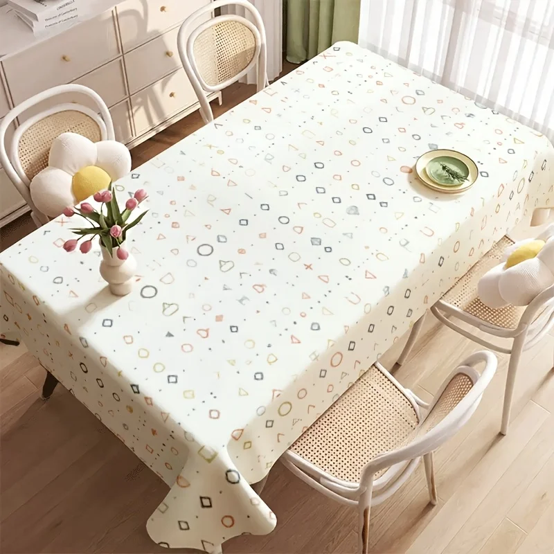 Color Doodle Tablecloth, Cream Base With Tiny Multicolor Shape Print, Rectangular Table Cover for Sweet Home Table Party Decor