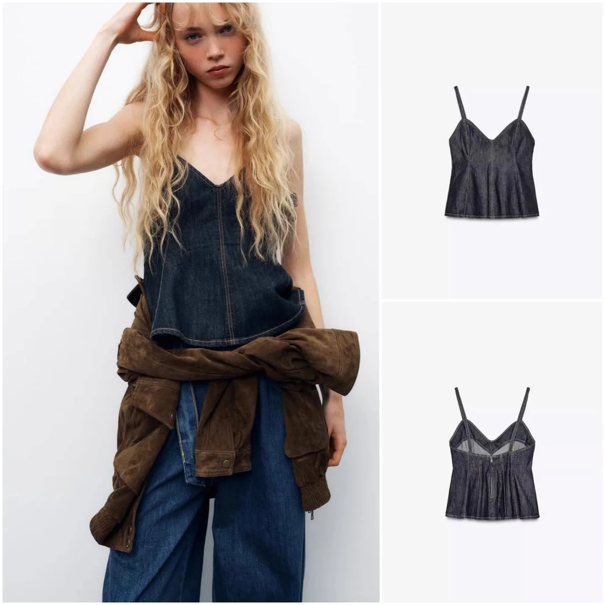 Women's Spring New Sle Pure Desire Wave Pattern Wide Swing V-ne Thin Strap Denim Top Slim Fit Commute Sle Single Piece