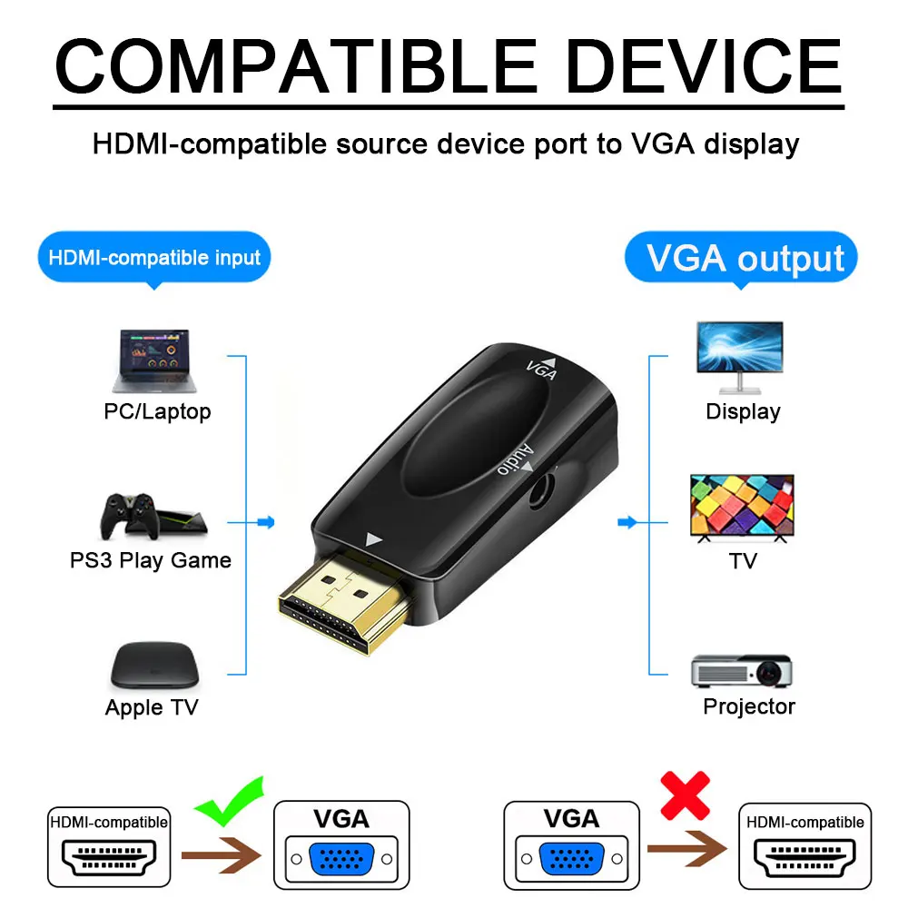 HDMI-compatible to VGA Converter Male To Famale Adapter 3.5 mm Jack Audio FHD 1080P For PC Laptop Tablet TV monitor projector