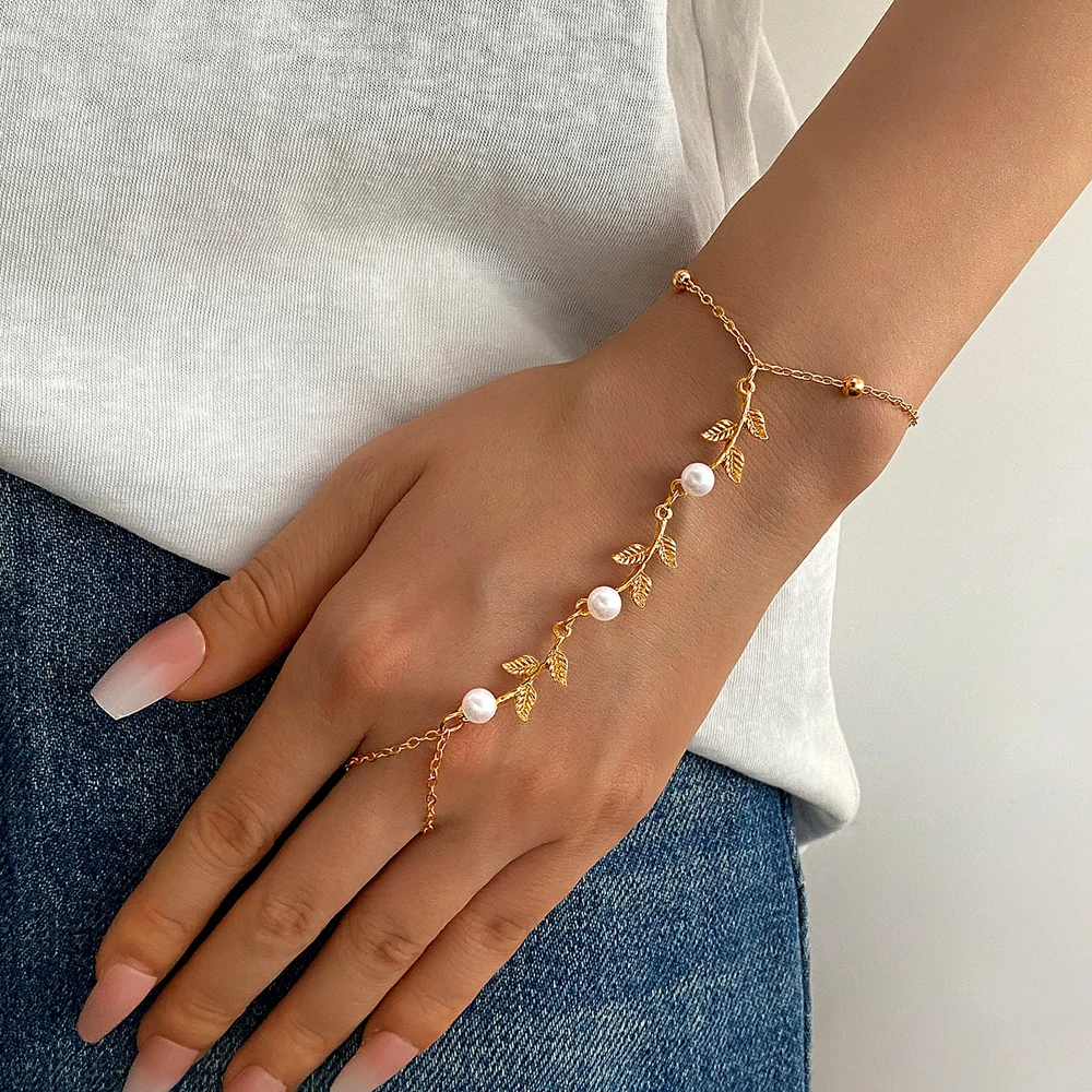 Fashion Gold Color Leaf Bracelet Women Imitation Pearl Integrated Tassel Bangle Casual Vacation Hand Jewelry Accessories Gifts