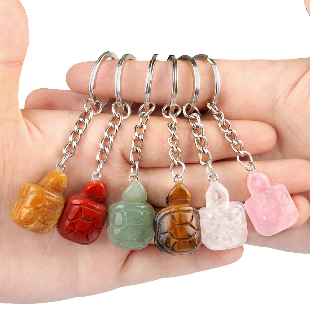 10pcs Carving Little Turtle Stone Key Rings Chakra Gem Tortoise Charms Keychains Healing Crystal Keyrings for Women Men