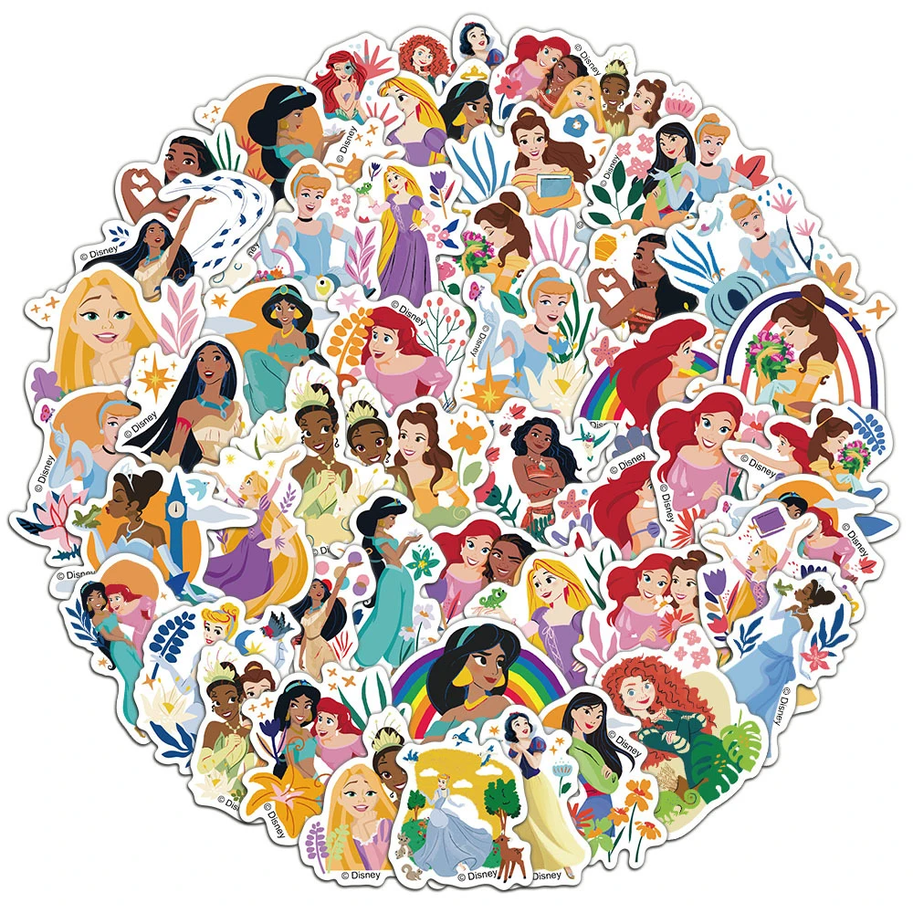 50pcs Cute Cartoon Ariel Snow White Belle Princess Stickers Disney Anime Sticker DIY Scrapbook Phone Luggage Graffiti Decals Toy