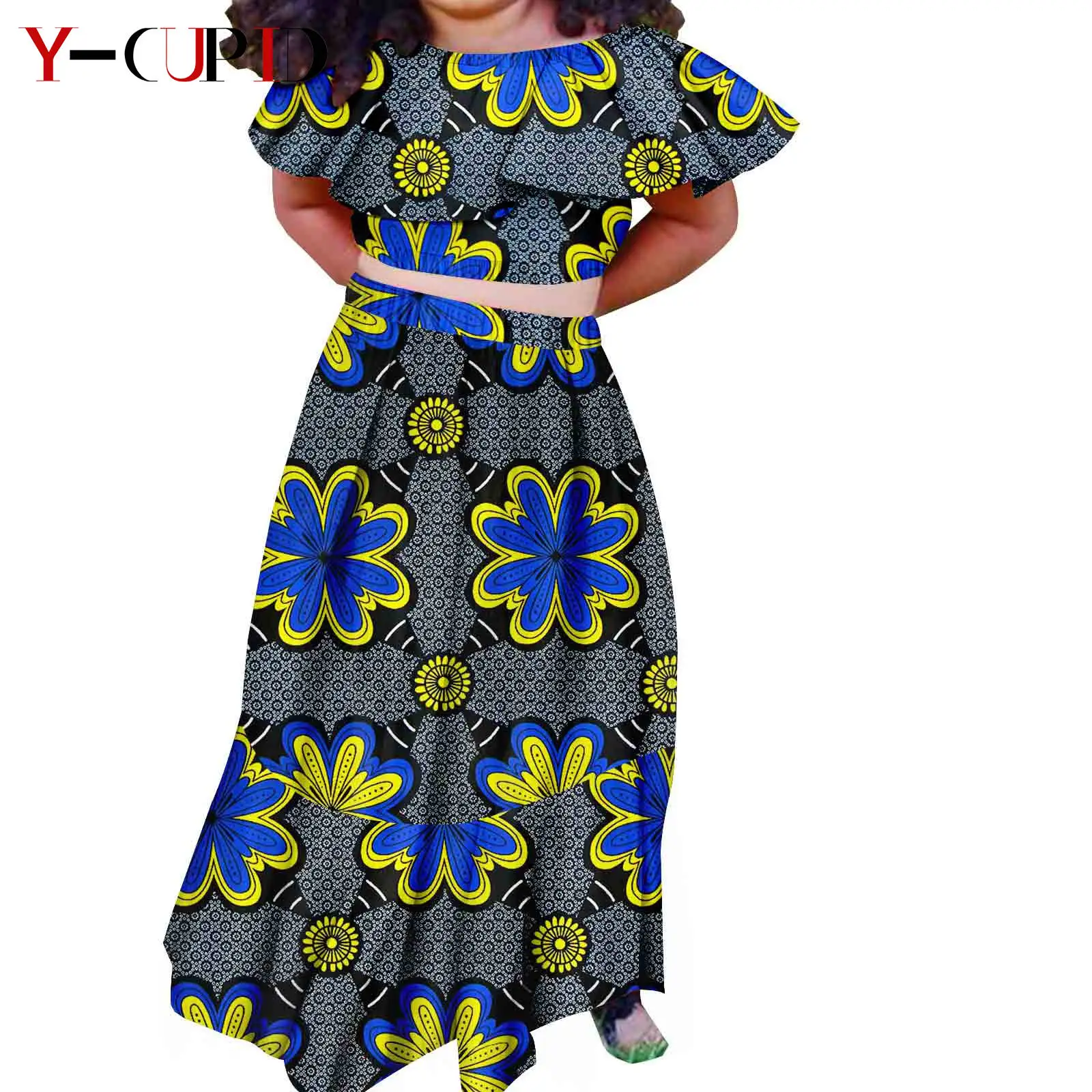 Dashiki African Girls Costume Ankara Print Double Layer Ruffles Top and Skirt Sets Bazin Riche Children Party Vestidos Y234008