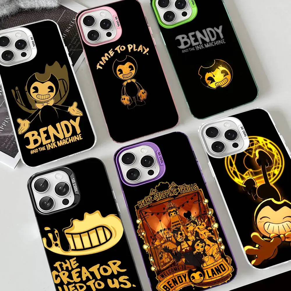 Funda para Teléfono con Diseño del Juego Clásico B-Bendy And The I-Ink M-Machine para iPhone 17 16 15 14 11 12 13 Pro Max Plus Pro, Color Plateado