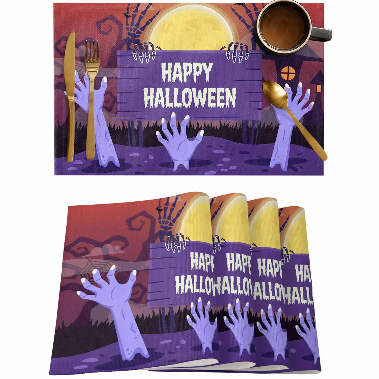 

4/6 Pcs Halloween Zombie Hand Bat Moon Placemat Wedding Party Dining Decor Linen Table Mat Kitchen Accessories