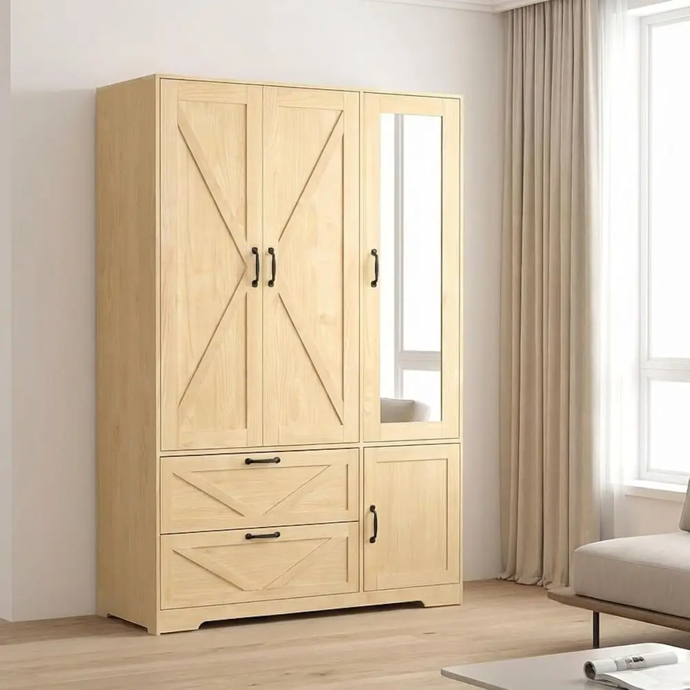 

Natural Finish 3-Door Mirrored Wardrobe with Lighting, Hanging Rod & Storage Cabinets