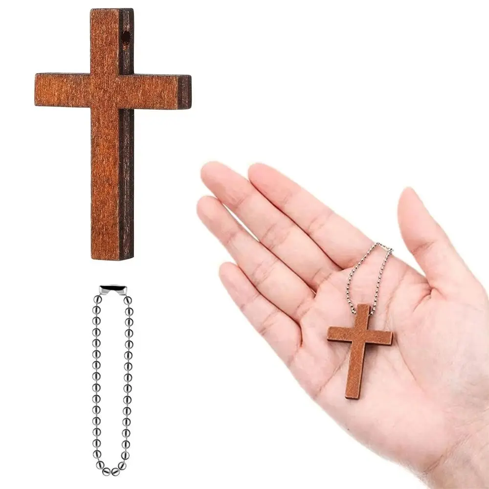 

50pcs Portable Wooden Crosses Pendant DIY with Chains Mini Wooden Cross Lightweight Durable Wood Cross Charms Pendant