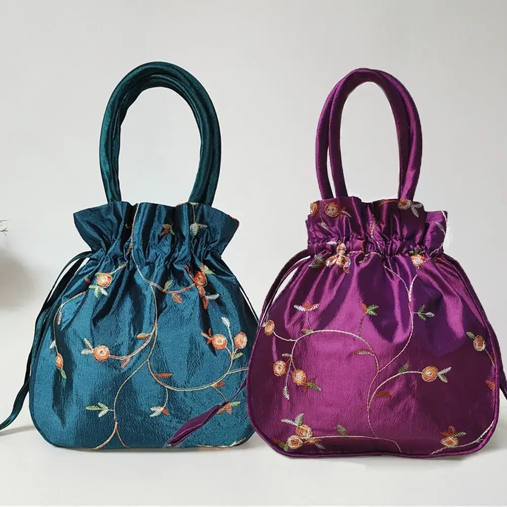 Elegant Embroidered Flower Women Flower Handbags Handmade Ethnic Style Cosmetic Handbag Purse Top Handle Small Bucket Bag Women