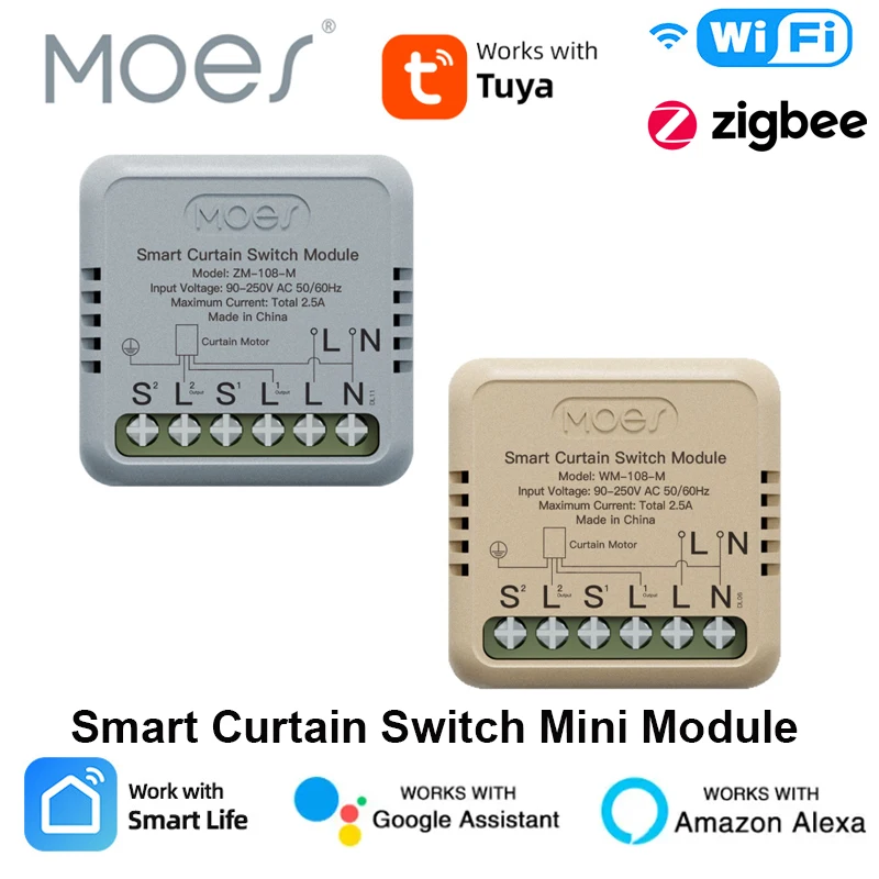 MOES Tuya WiFi/ZigBee Smart Curtain Switch Mini Module For Rocker Reset Switch, App Remote Control Work With Alexa Google Home