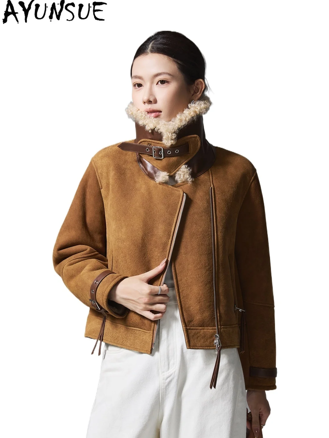 

AYUNSUE Натуральная куртка из овечьей шерсти, женская куртка из натуральной кожи мериноса, теплая зимняя одежда для женщин, мотоциклетная куртка из овечьей шерсти 2026