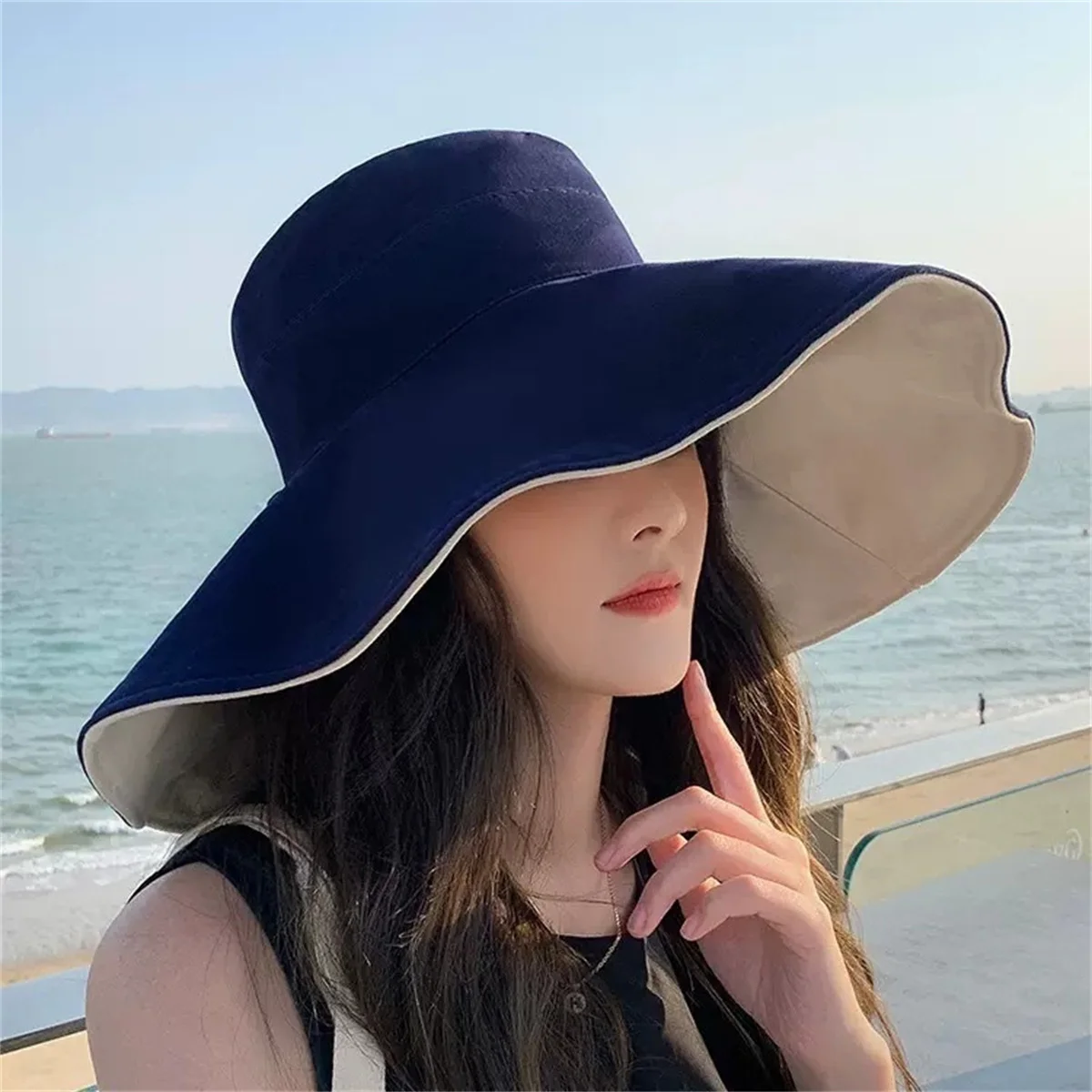 Summer sun hat for women all-match double-sided with large brim fisherman hat outdoor anti-ultraviolet travel sun hat