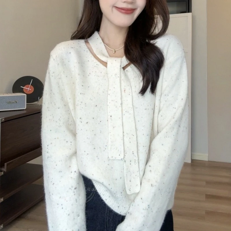 

Korean Neck Hanging Sweater For Women Autumn Winter New V-Neck Warm Knitted Hoodies Female Long Sleeves Versatile Loose Pullover