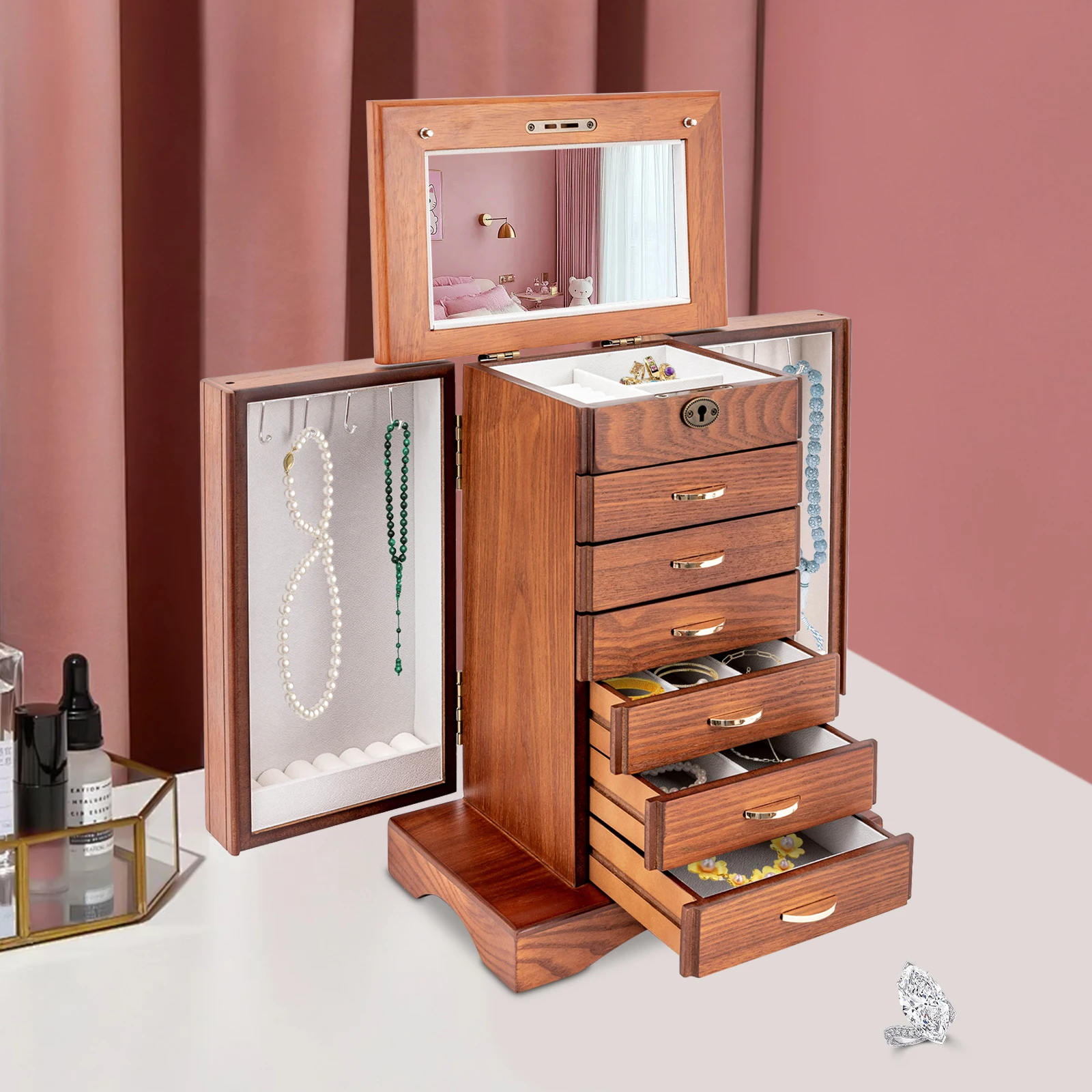 

7 Layers Large Jewelry Box with Key Lock, Retro Jewelry Box for Jewelry Storage, Storage Box for Storing Watches, Necklaces