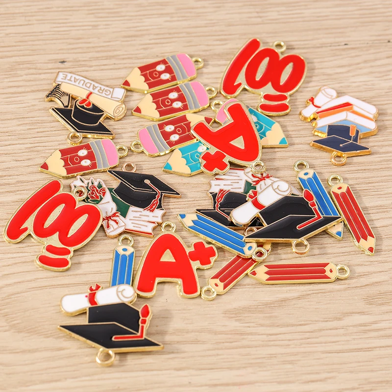 10pcs Enamel Graduation Charms Alloy Pencil Trencher Cap Charms Pendant for Jewelry Making Earrings Necklace DIY Crafts Supplies