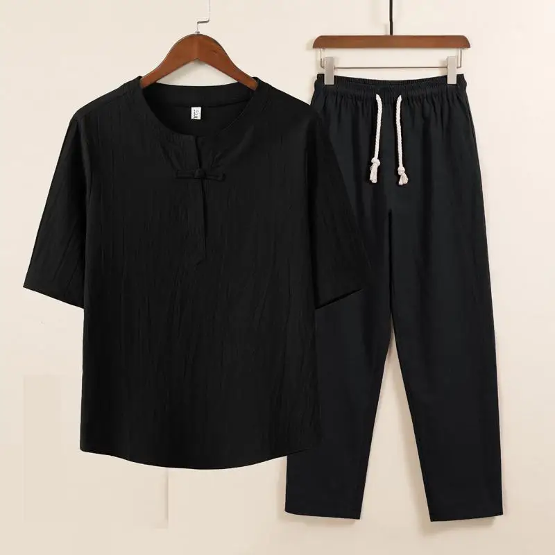 

Men's Chinese Style Linen-Cotton 2-Piece Set - Short Sleeve T-Shirt & Loose Pants Outfit for Middle-Aged Casual Wear M-XXXXXL