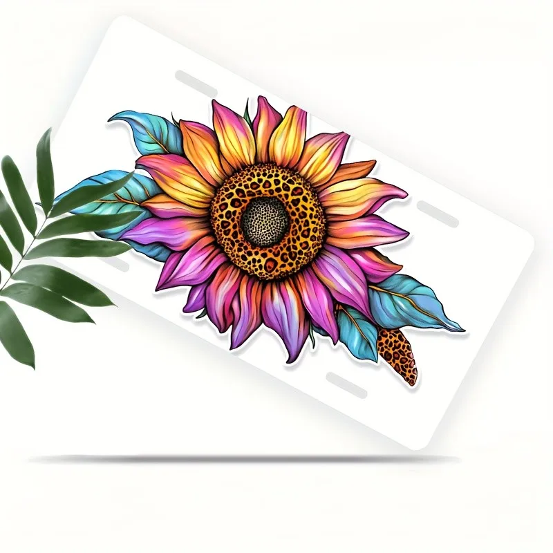 

Colorful Leopard Print Sunflower License Plate Frame Durable Front Car Tag Cover for Women