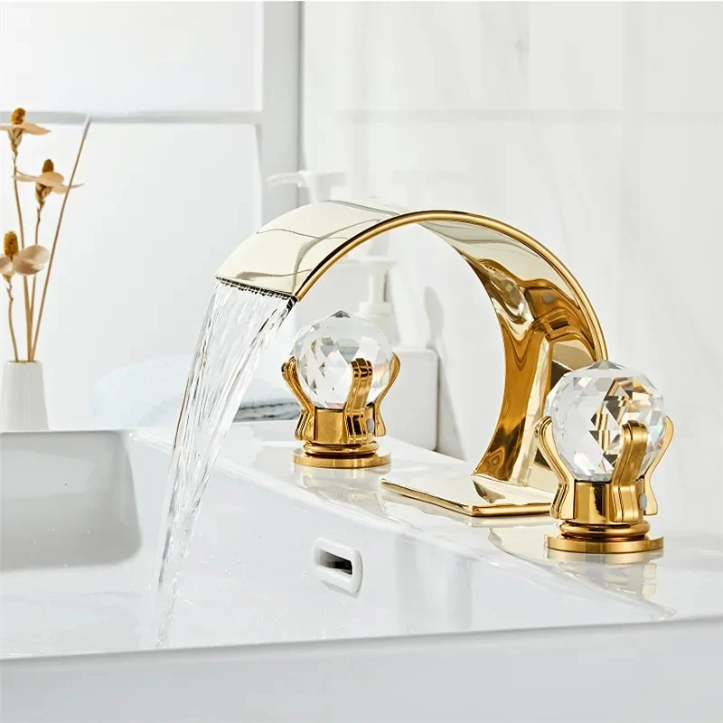 

Gold Bathroom Faucet Widespread Sink Tap Brass 3 Hole Crystal Handle Hot And Cold Water