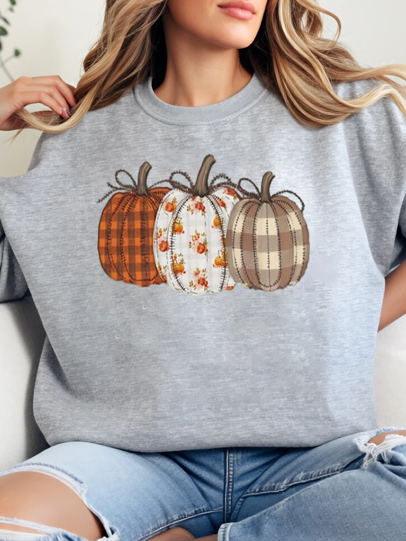 اليقطين التصحيح طباعة الخريف هالوين Crewneck البلوز المرأة لباس غير رسمي رمادي حجم كبير #1