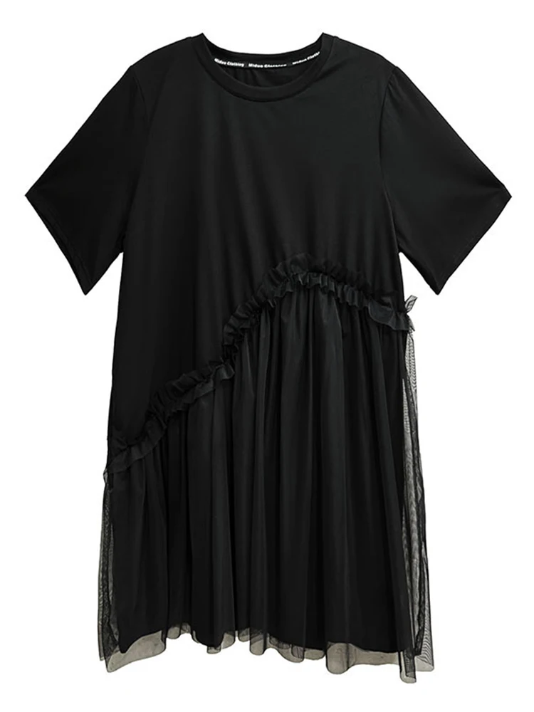 YERMORA 여성 그레이 불규칙한 스플 라이스 메쉬 캐주얼 티셔츠 드레스 라운드 넥 반팔 루즈 패션 조수 봄 여름 2025