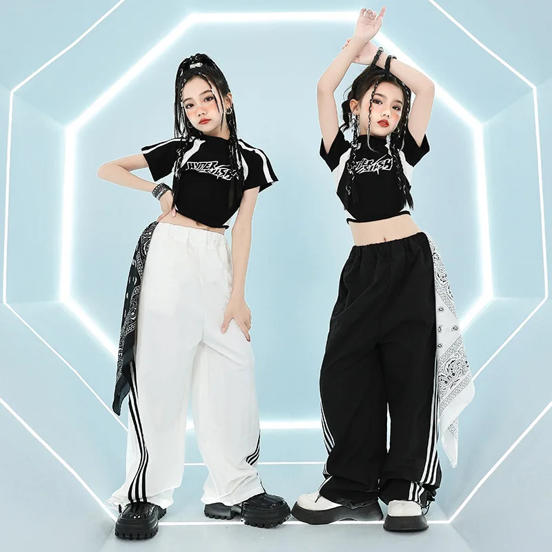 Girls Clothing Summer Chidren Hip Hop Outfit Cotton Black Long Sleeve Crop Top T-Shirt White Polyester Pants 2 Piece Set Streetw