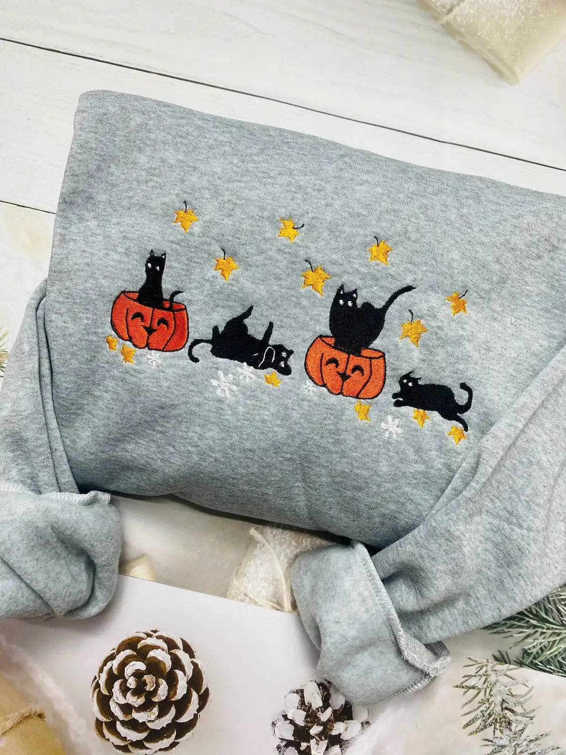 

Halloween Black Cat Embroidery Sweatshirt, Pumpkin Fall Sweater Retro Vintage Sweatshirt Graphic Hoodies Y2K Casual Daily Wear