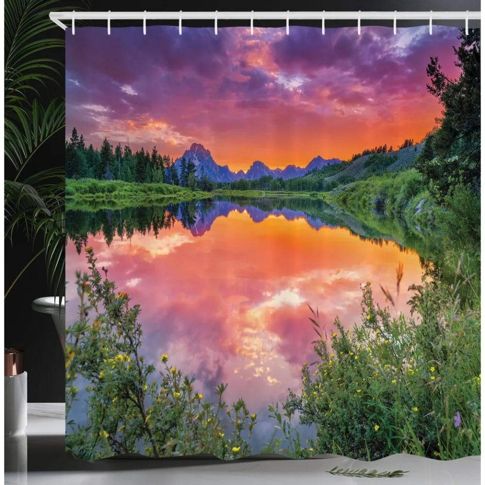 山の夕日を反射した洗える防汚シャワーカーテン、シャワーヘッド防水ポリエステル製バスカーテン