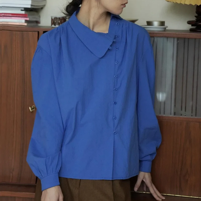 New Spring and Autumn Klein Color Paper-sensory Cotton Oblique Placket Shirt Asymmetrical Long-sleeved Shirt for Women