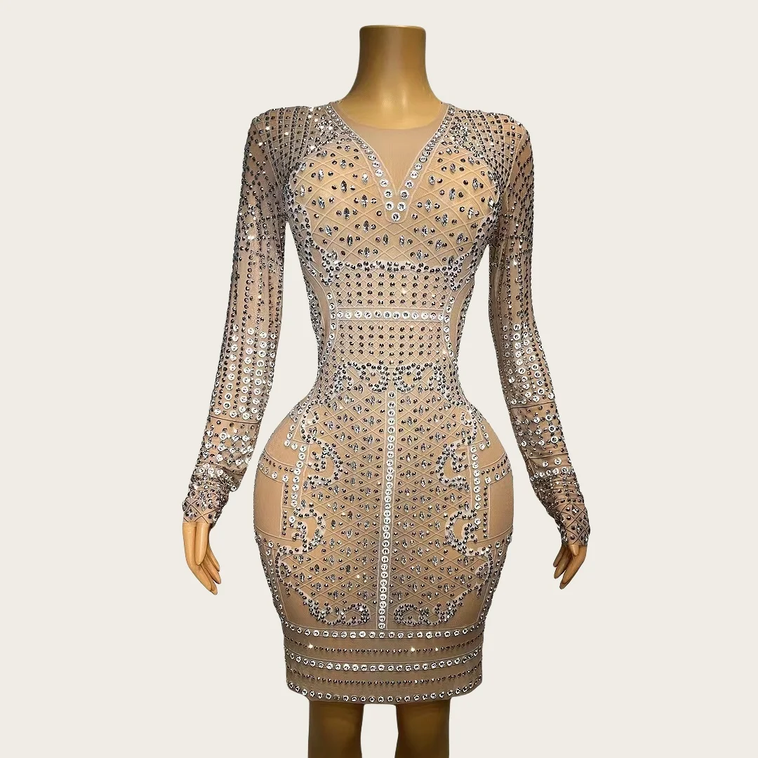 Magua Luxury Sparkly Rhinestone Tight Fitting Dress Long Sleeved Sexy Mesh Short Dress Event Prom Party High-end Women Couture