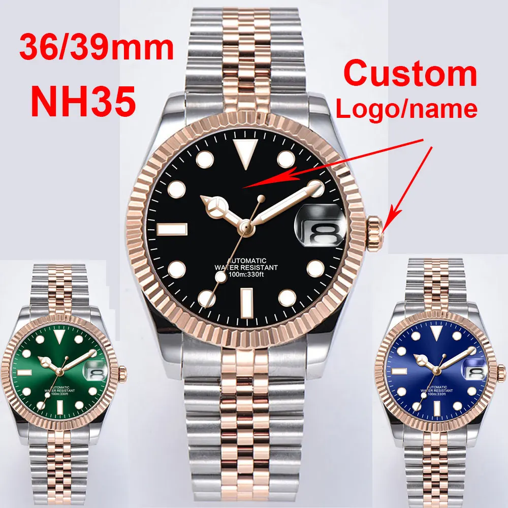 Custom Logo/Name Watch Rose Gold 36mm/39mm Polished Automatic Men Watch NH35A Movement Sapphire Crystal Green Luminous Dial
