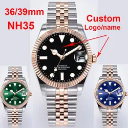 Custom Logo/Name Watch Rose Gold 36mm/39mm Polished Automatic Men Watch  NH35A  Movement Sapphire Crystal Green Luminous Dial