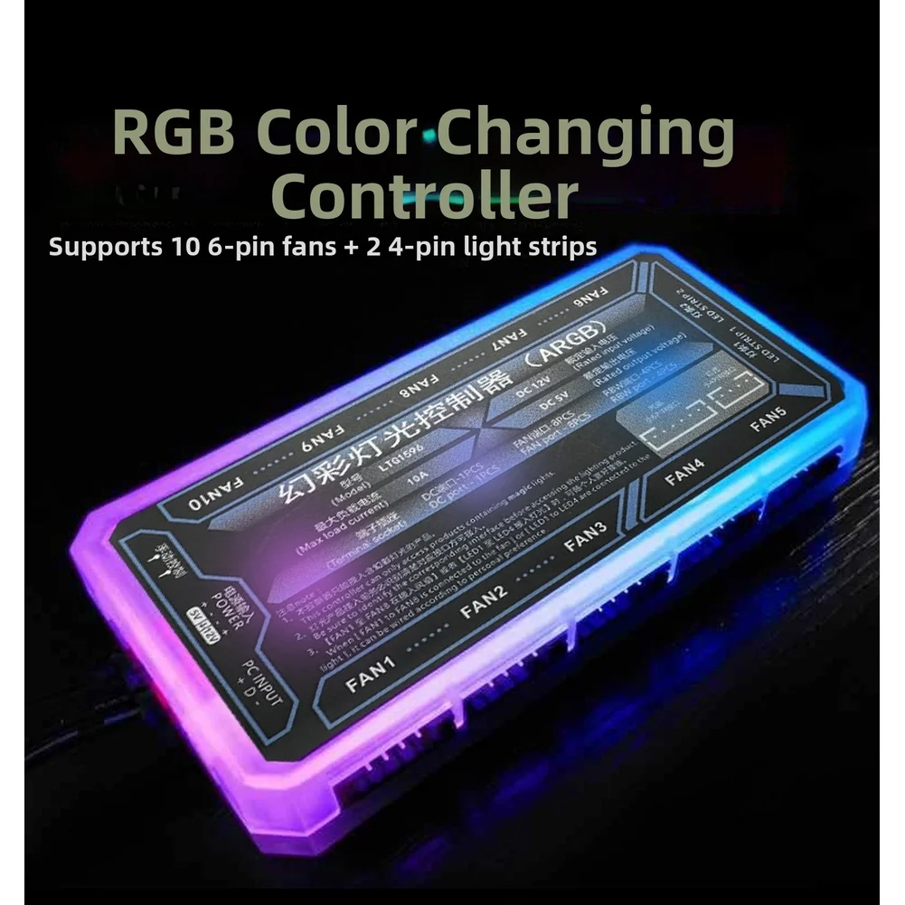 ARGB Fan Control Hub for PC Case with 6Pin Interface Wireless Remote Music Rhythm Mode and LED Synchronization